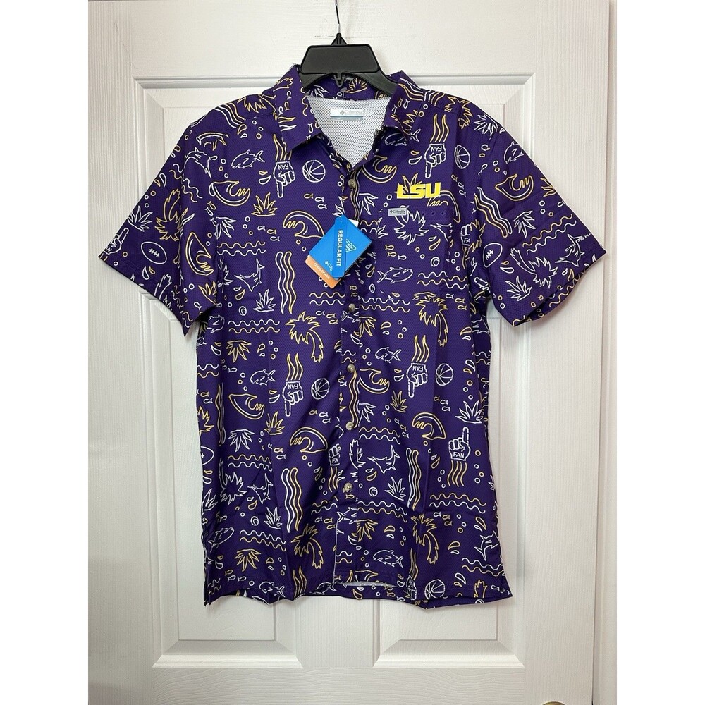 Size S Columbia LSU Tigers Super Slack Omni-Wick Button-Up Shirt Men Purple NEW